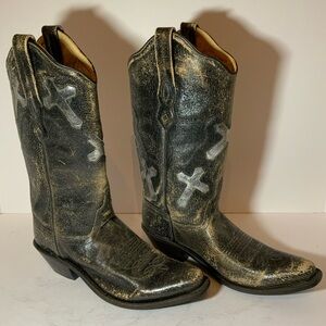 NWT Old West Black Distressed Leather Cross Women’s Boots Sz 7